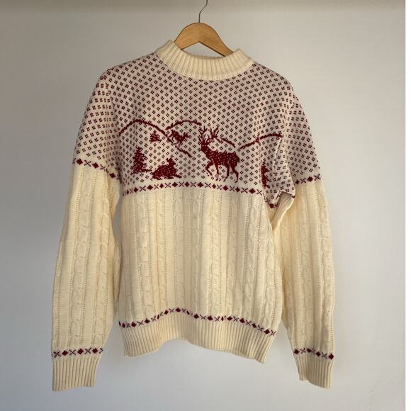 Vintage 70s JANTZEN Wool Deer Sweater / Sz L / Landscape Retro Holidays Ski - Picture 1 of 9